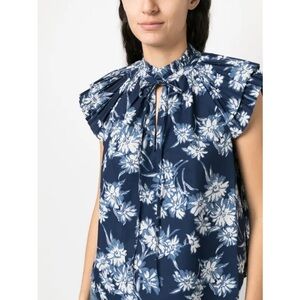 Ralph Lauren Polo Floral Printed Flutter Pleated Sleeve Blouse Top Blue Spring
